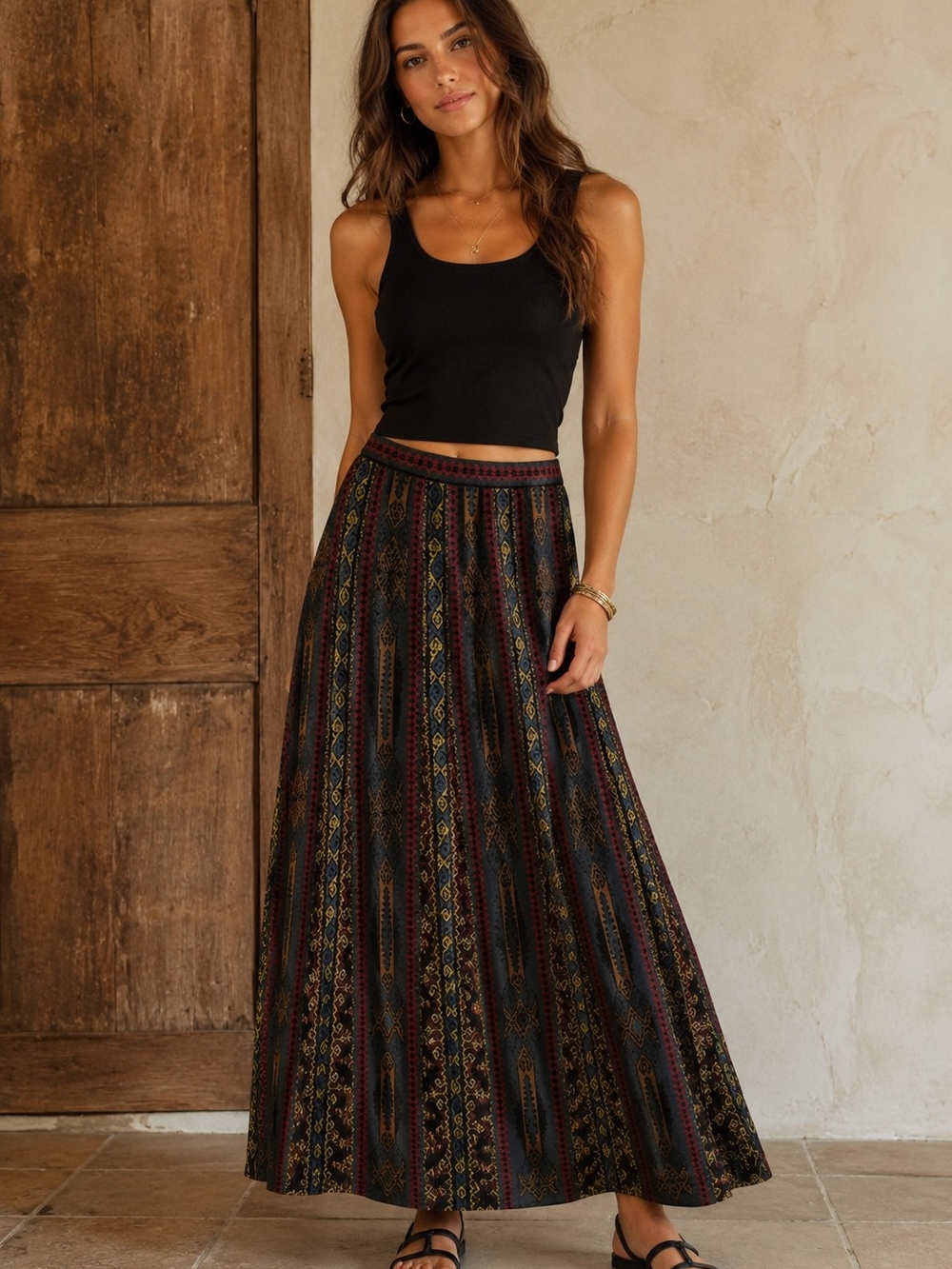 Peruvian Connection Boho Maxi Skirt in Black Multi Medium Waist 16 Stretch 18